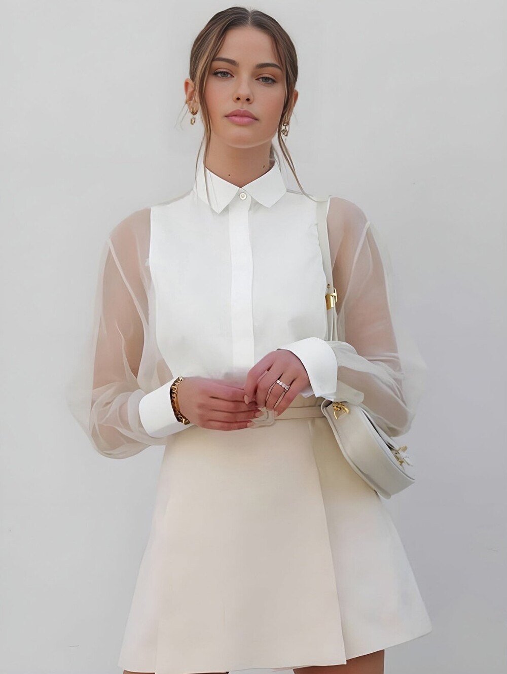 NWT Commense Semi-Sheer Puff Sleeve Organza Shirt
